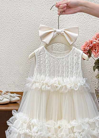 New Light Green Ruffled Patchwork Bow Tulle Kids Long Dress Sleeveless