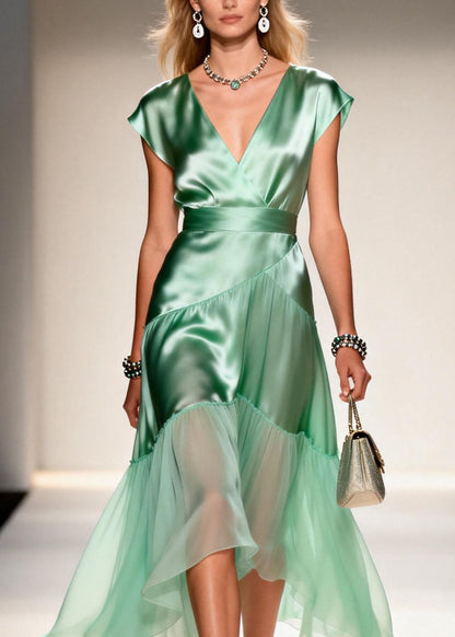 New Light Green V Neck Ruffled Patchwork Silk Dress Summer