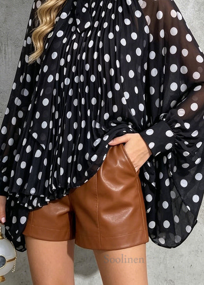 New Loose Black Dot Print Bow Chiffon Shirt Batwing Sleeve
