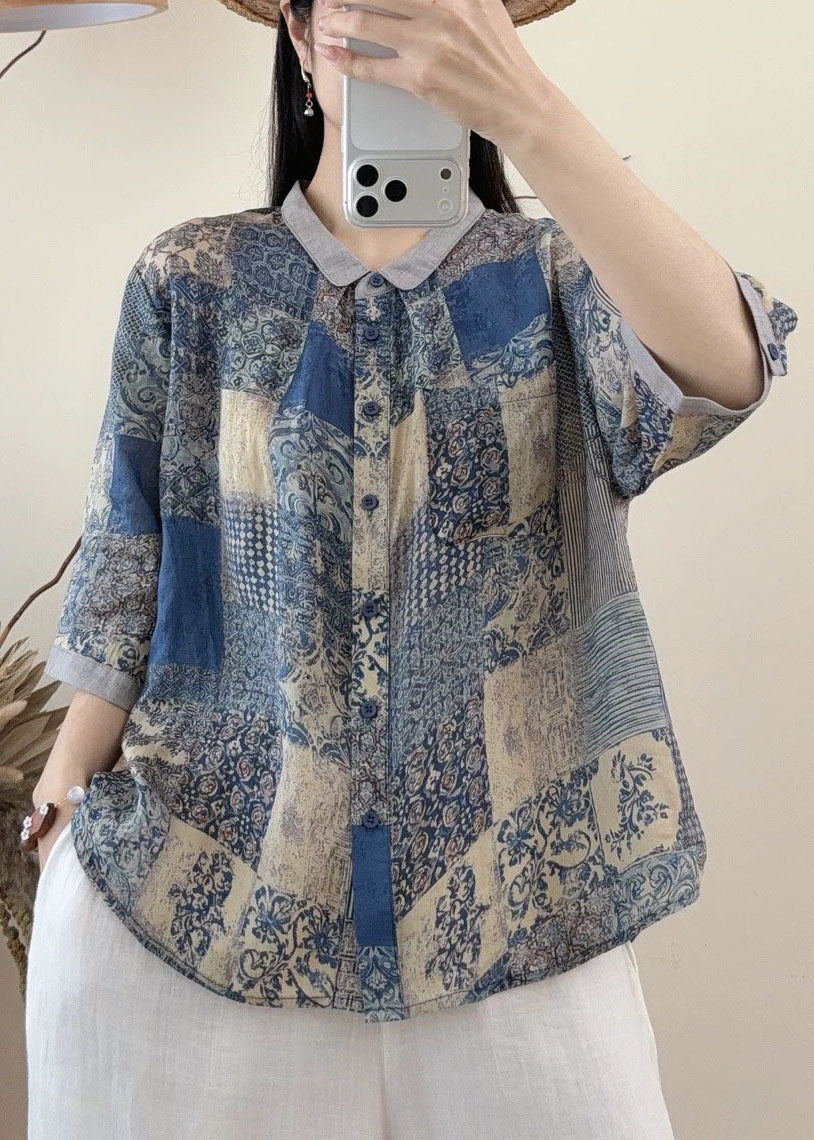 New Loose Blue Peter Pan Collar Print Linen Shirt Summer
