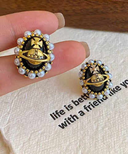 New Luxury Black Metal Pearl Stud Earrings