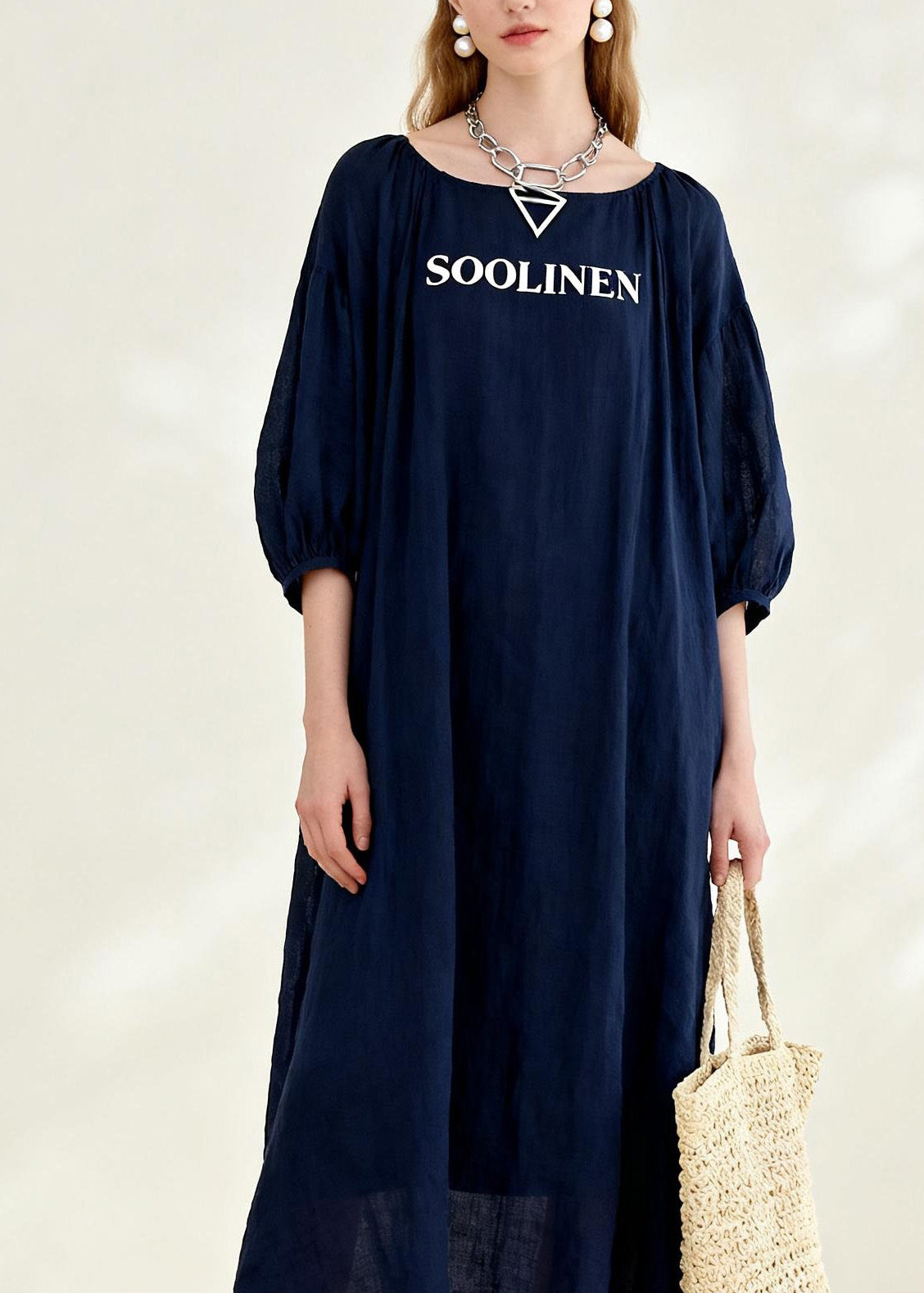 New Navy O Neck Print Linen Long Dress Summer