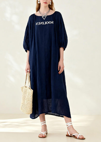 New Navy O Neck Print Linen Long Dress Summer