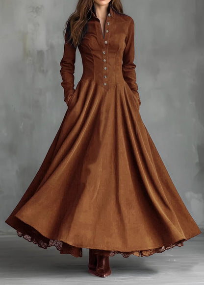 New Navy Peter Pan Collar Lace Patchwork Faux Suede Long Dress Fall