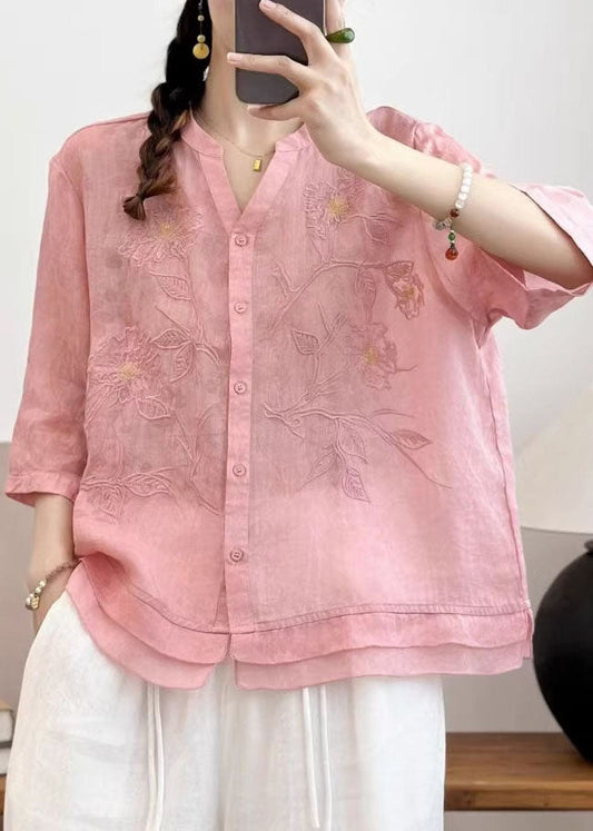 New Navy V Neck Embroidered Patchwork Linen Top Summer