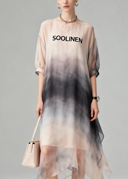 New O Neck Tie Dye Asymmetrical Design Chiffon Dress Summer