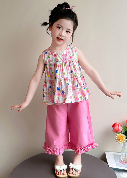 New Pink Print Bow Girls Vest And Crop Pants Two Pieces Set Summer