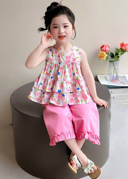 New Pink Print Bow Girls Vest And Crop Pants Two Pieces Set Summer