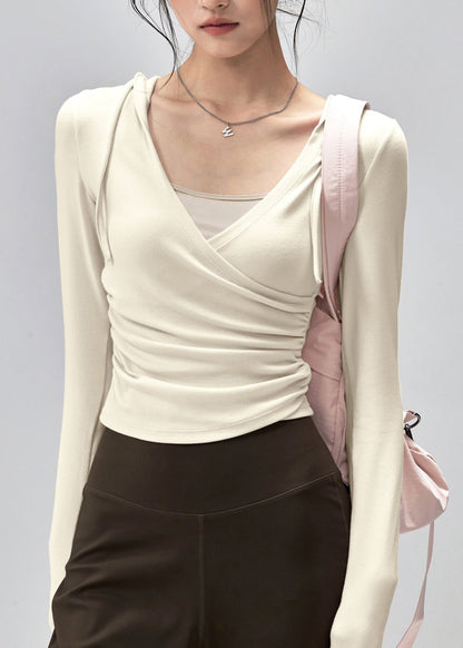 New Pink Wrinkled Patchwork Hooded Sports Top