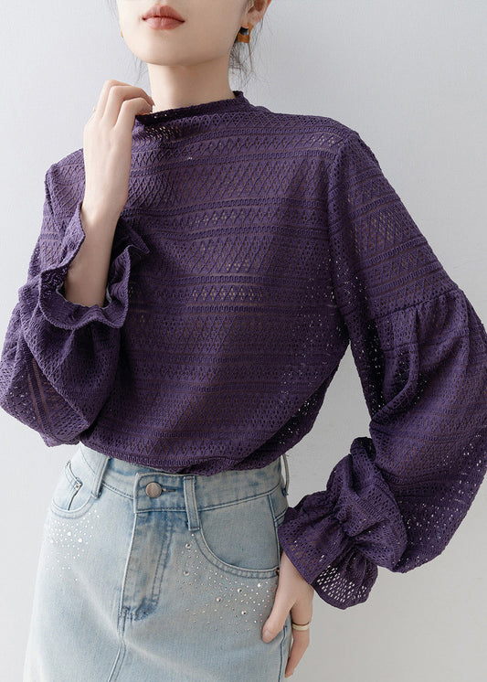 New Purple Hollow Out Patchwork Cotton T Shirt Tops Lantern Sleeve
