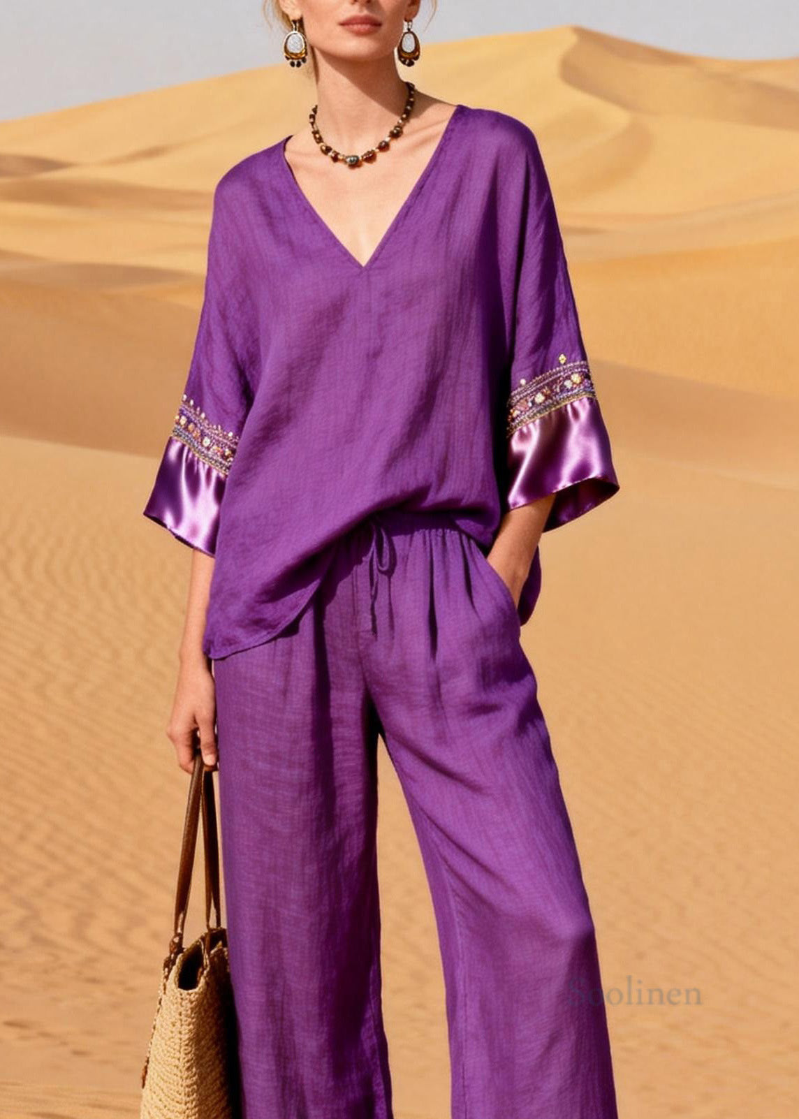 New Purple V Neck Silk Patchwork Linen Two Piece Suit Set Summer
