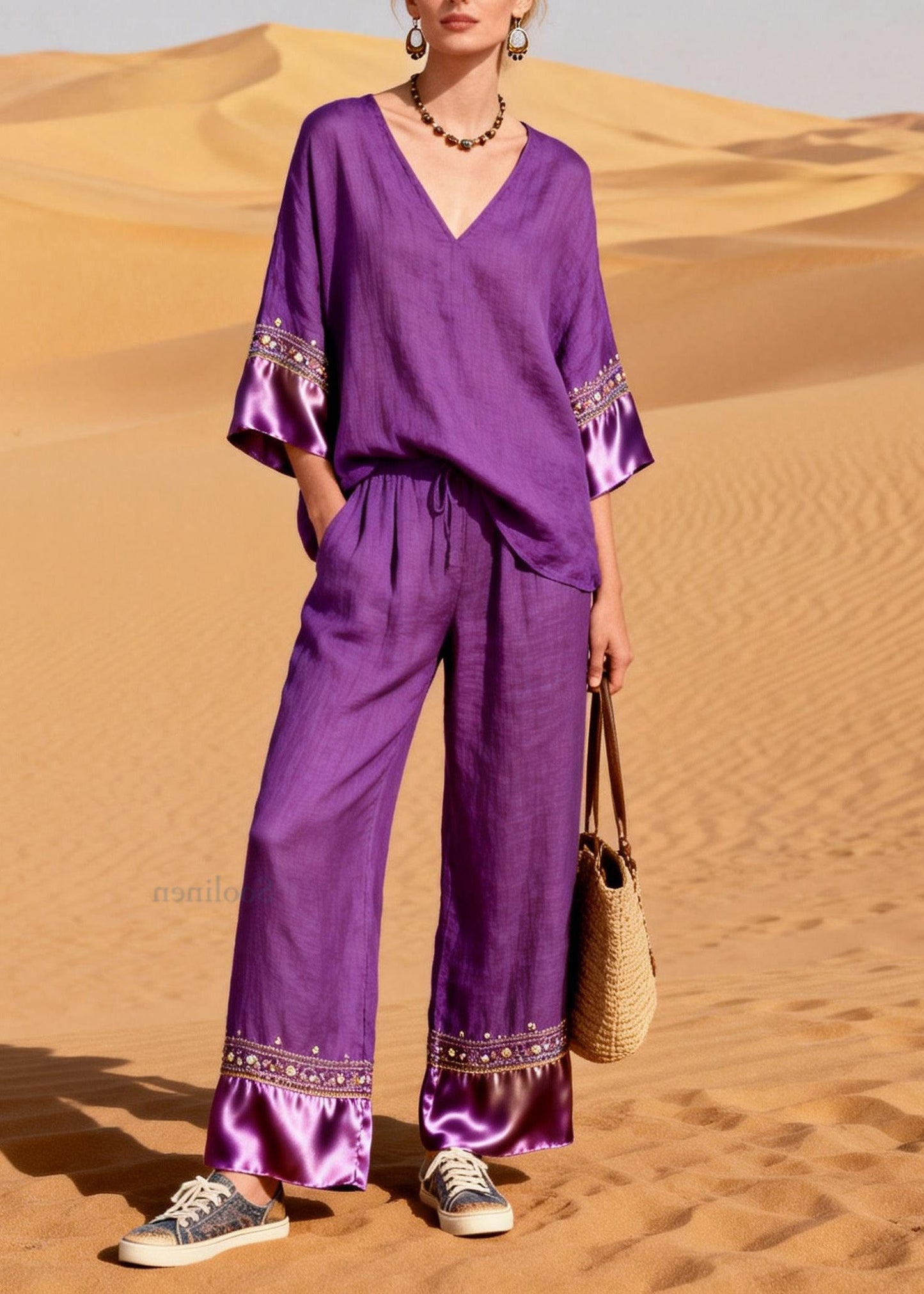 New Purple V Neck Silk Patchwork Linen Two Piece Suit Set Summer