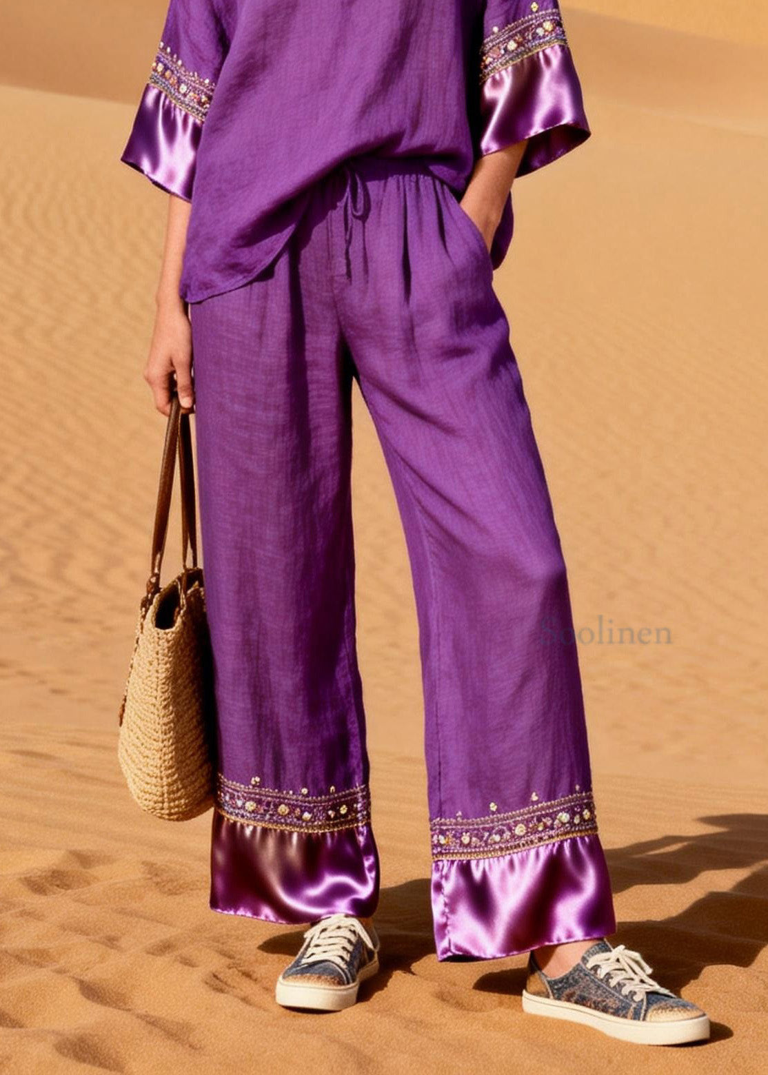 New Purple V Neck Silk Patchwork Linen Two Piece Suit Set Summer