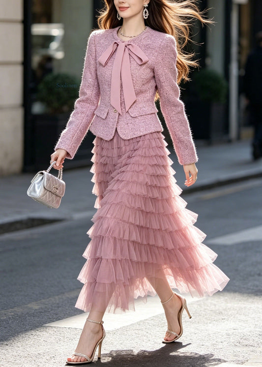 New Purple Woolen Coat And Tulle Ruffled Skirts Women Sets 2 Pieces Fall