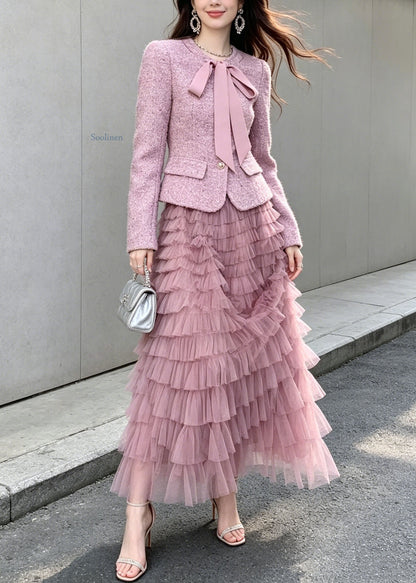 New Purple Woolen Coat And Tulle Ruffled Skirts Women Sets 2 Pieces Fall