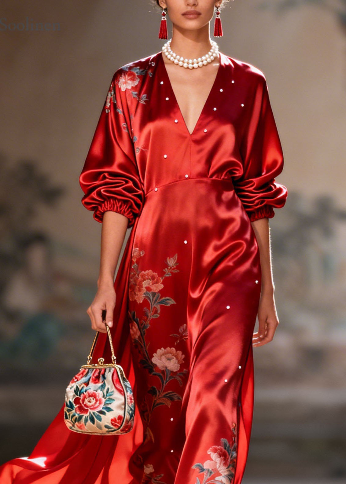 New Red V Neck Print Pearl Silk Long Dress Summer