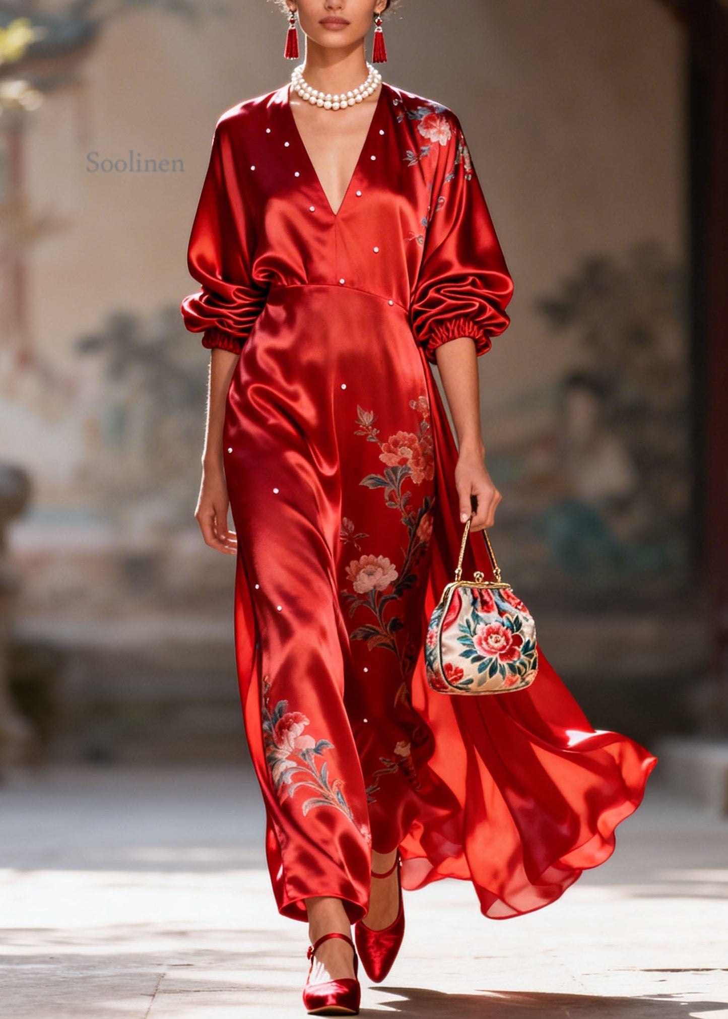 New Red V Neck Print Pearl Silk Long Dress Summer