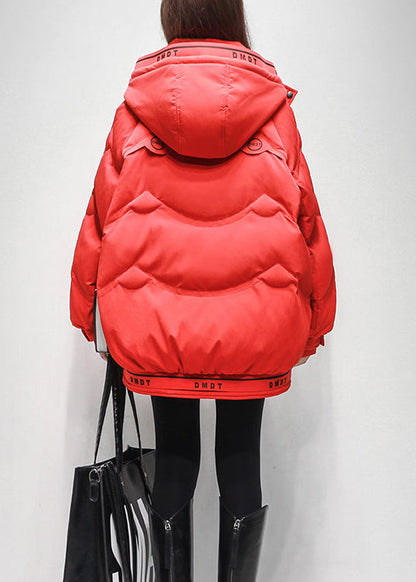 New Red Zippered Drawstring Oversized Duck Down Coats