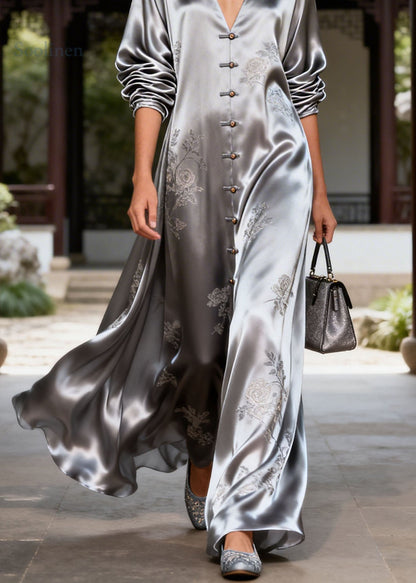 New Retro Grey V Neck Jacquard Silk Dress Summer