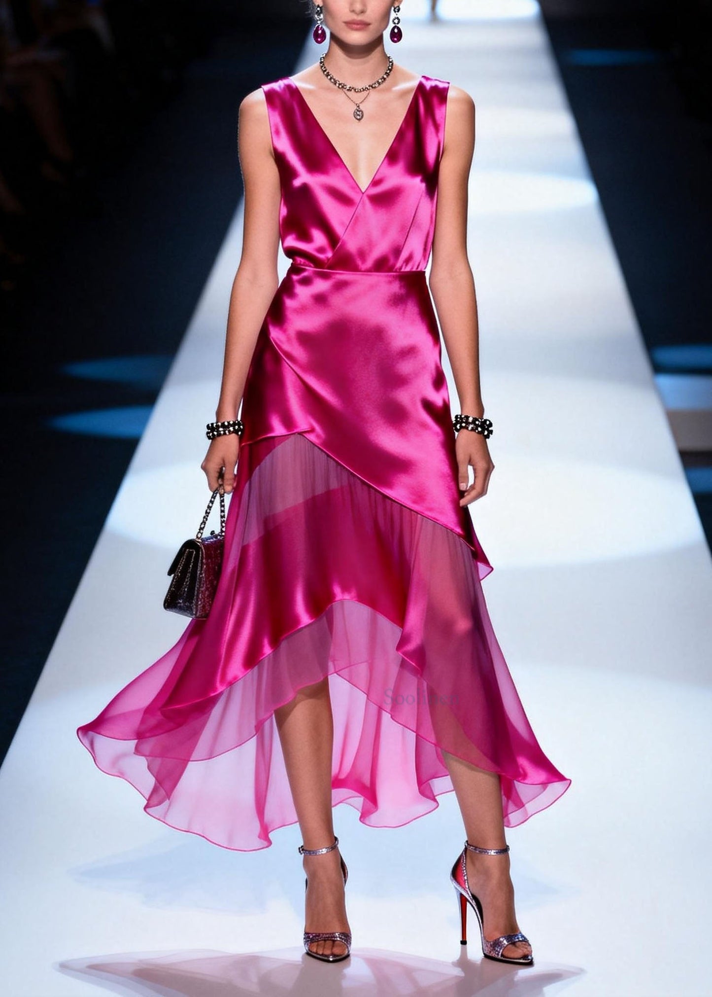 New Rose V Neck Asymmetrical Patchwork Chiffon Dresses Summer