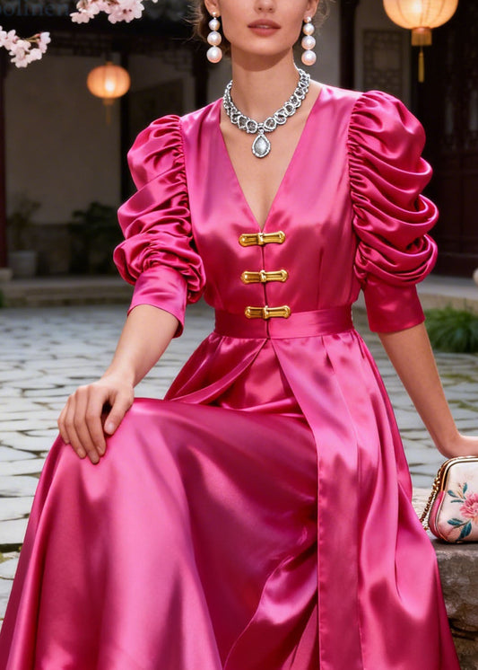 New Rose V Neck Puff Sleeve Wrinkled Patchwork Silk Dress