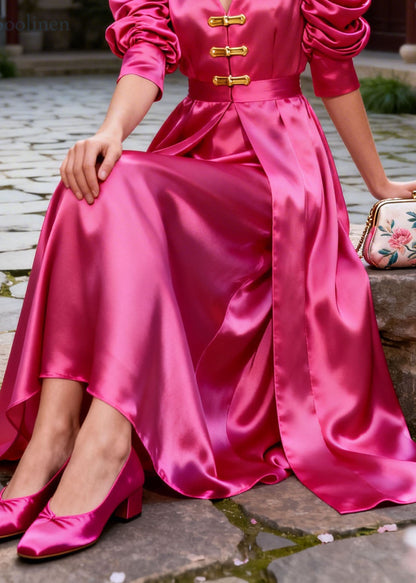 New Rose V Neck Puff Sleeve Wrinkled Patchwork Silk Dress