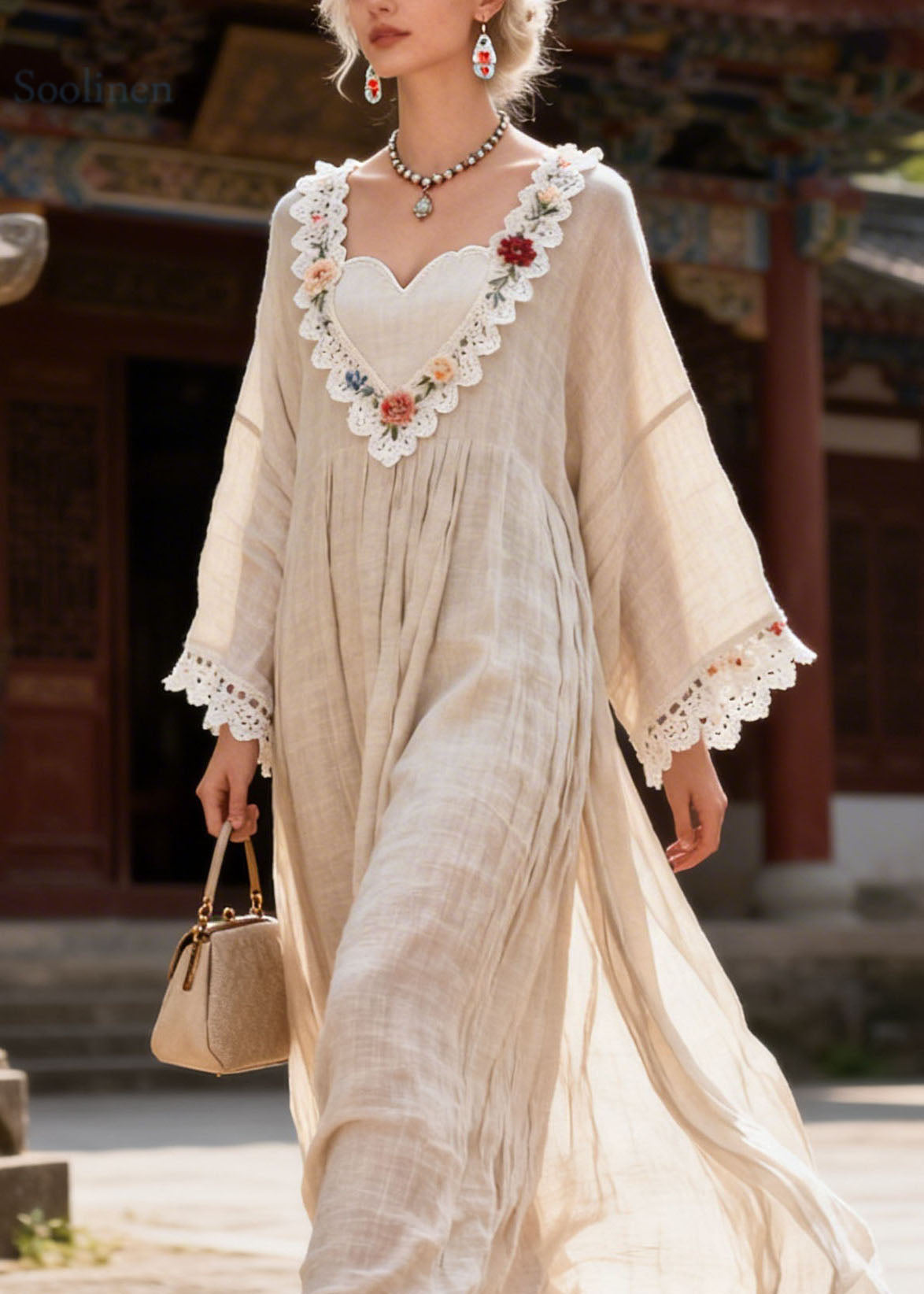New V Neck Lace Floral Patchwork Cotton Dress Summer