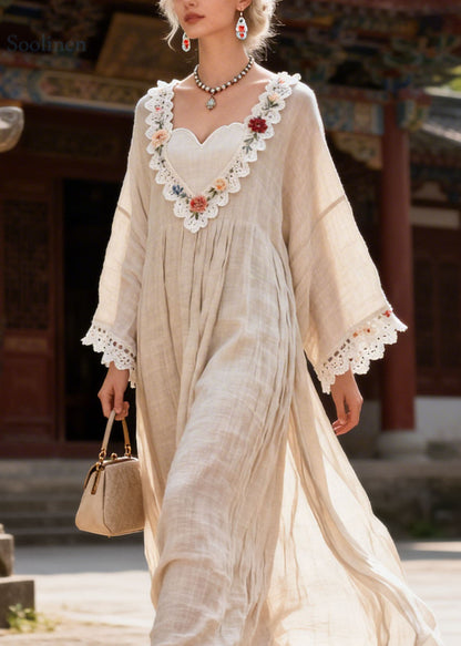 New V Neck Lace Floral Patchwork Cotton Dress Summer