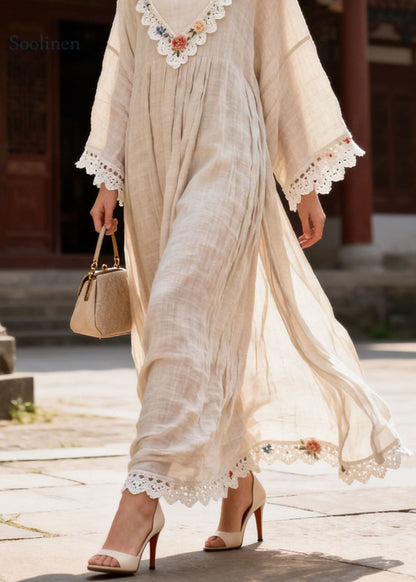 New V Neck Lace Floral Patchwork Cotton Dress Summer