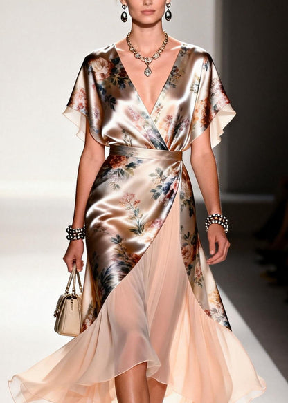 New V Neck Print Patchwork Silk Maxi Dresses Summer