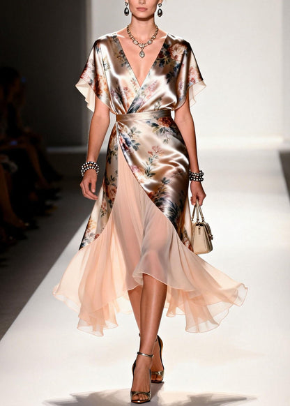 New V Neck Print Patchwork Silk Maxi Dresses Summer