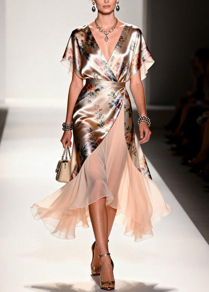 New V Neck Print Patchwork Silk Maxi Dresses Summer