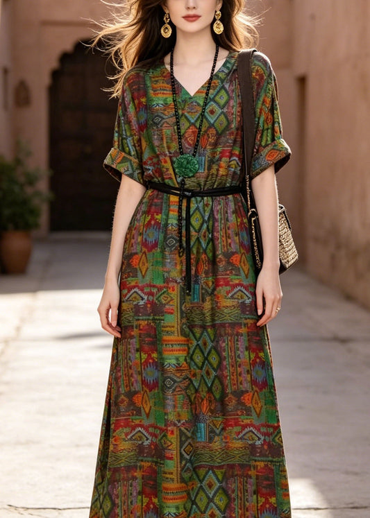 New V Neck Print Pockets Loose Cotton Maxi Dress Summer