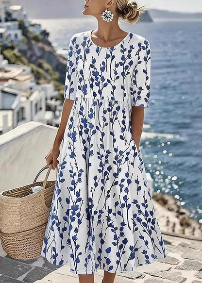 New White O Neck Print Pockets Chiffon Maxi Dress Summer