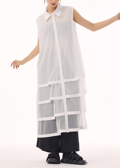 New White Peter Pan Collar Tulle Patchwork Cotton Maxi Dresses Sleeveless