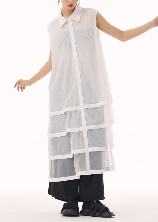 New White Peter Pan Collar Tulle Patchwork Cotton Maxi Dresses Sleeveless