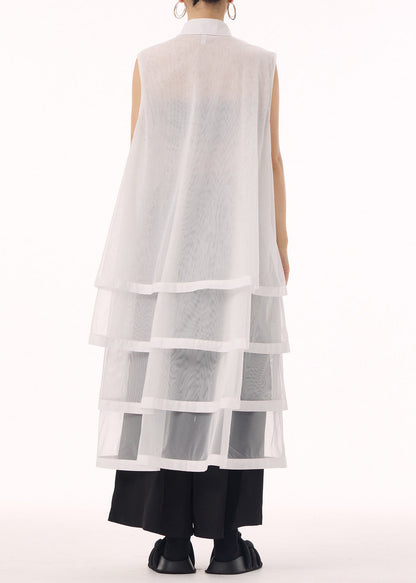 New White Peter Pan Collar Tulle Patchwork Cotton Maxi Dresses Sleeveless