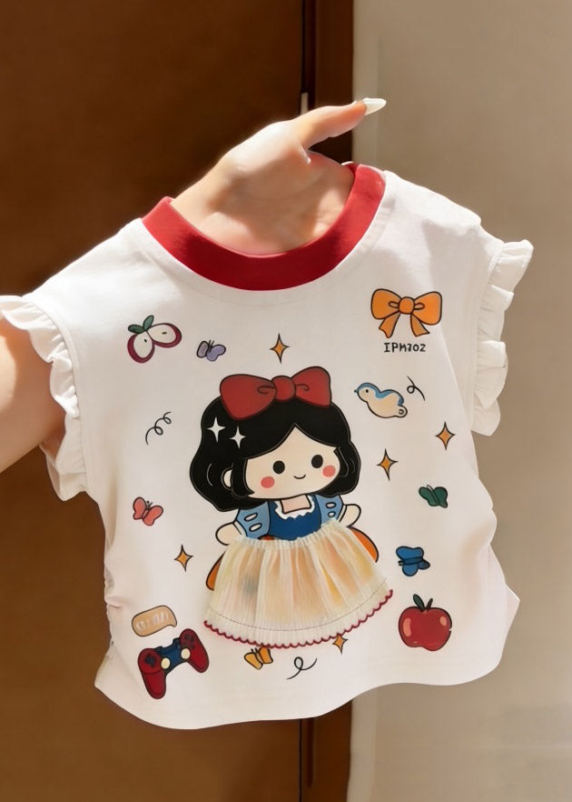 New White Ruffled Patchwork Print Girls T Shirts Summer
