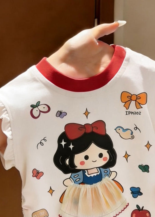 New White Ruffled Patchwork Print Girls T Shirts Summer