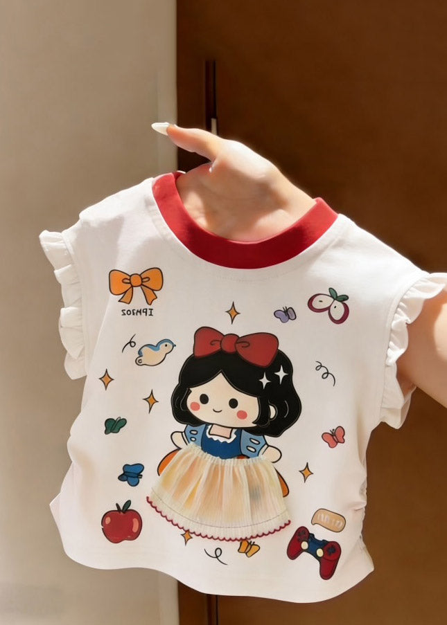 New White Ruffled Patchwork Print Girls T Shirts Summer