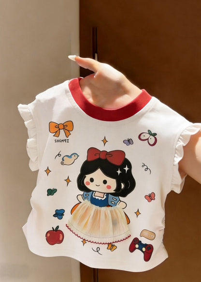 New White Ruffled Patchwork Print Girls T Shirts Summer