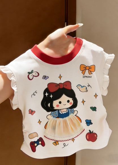 New White Ruffled Patchwork Print Girls T Shirts Summer