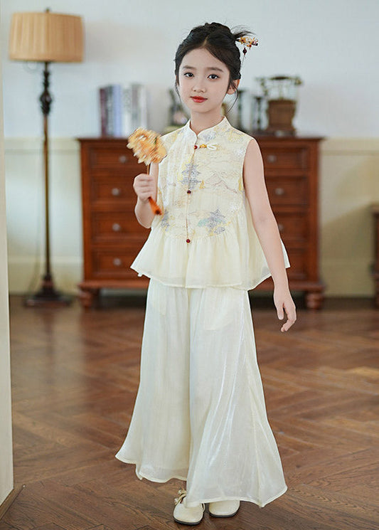 New White Stand Collar Print Silk Kids Shirts And Wide Leg Pants Two Pieces Set Sleeveless