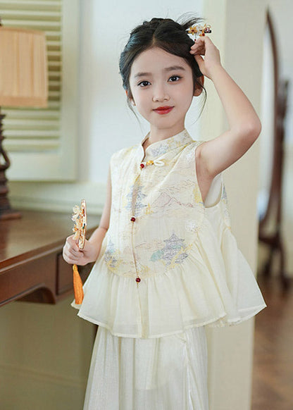 New White Stand Collar Print Silk Kids Shirts And Wide Leg Pants Two Pieces Set Sleeveless