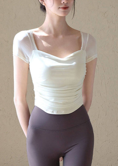 New White Tulle Patchwork Fitness Short Sleeved T-Shirt