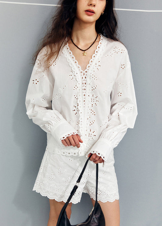 New White V Neck Hollow Out Shirts And Shorts Cotton Two Pieces Set Fall