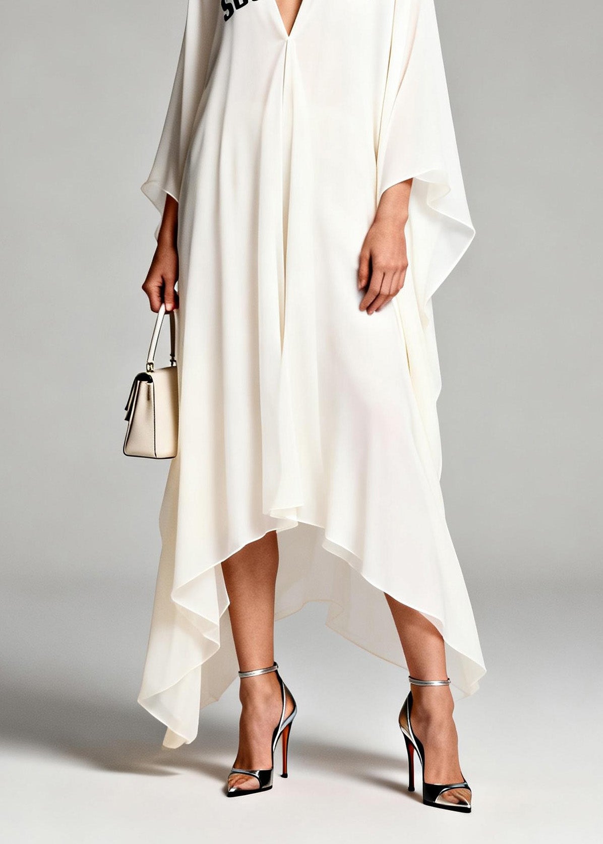 New White V Neck Print Asymmetrical Design Chiffon Dresses Summer