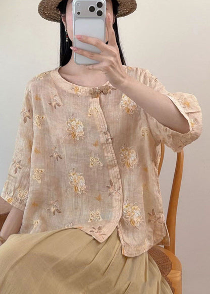 New Yellow O-Neck Embroidered Linen Blouse Top Summer
