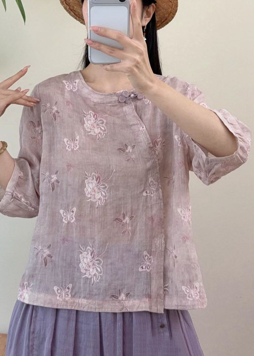 New Yellow O-Neck Embroidered Linen Blouse Top Summer