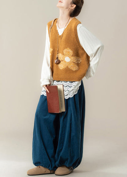 New Yellow V Neck Floral Knit Vest Cotton T Shirt And Corduroy Pants 3 Piece Set Spring